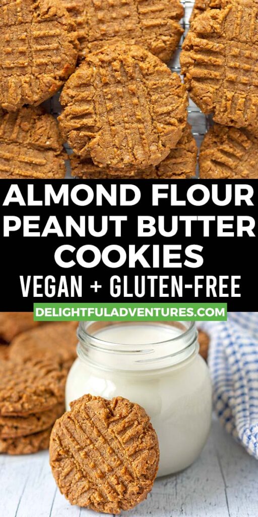Pinterest pin showing two images of almond flour peanut butter cookies, this image is to be used to pin this recipe to Pinterest.