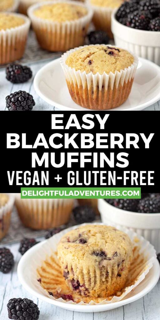 Pinterest pin showing two images of gluten-free blackberry muffins, this image is to be used to pin this recipe to Pinterest.