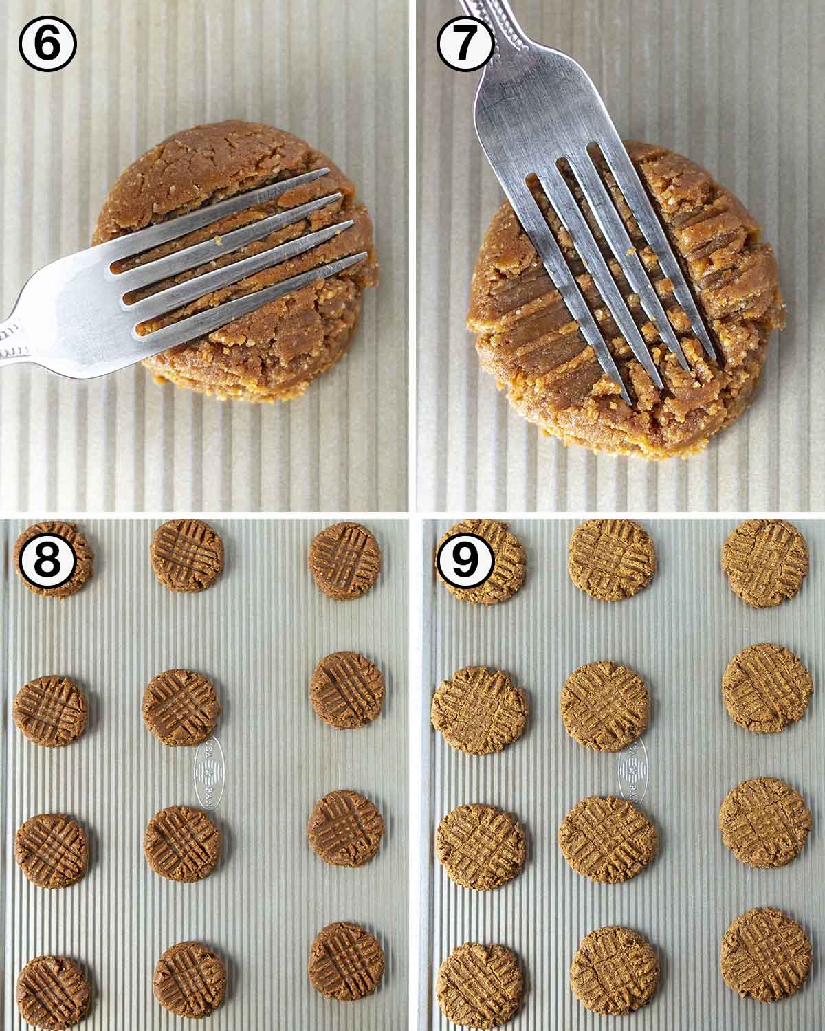 A collage of four images showing the second sequence of steps needed to make egg-free almond flour peanut butter cookies.