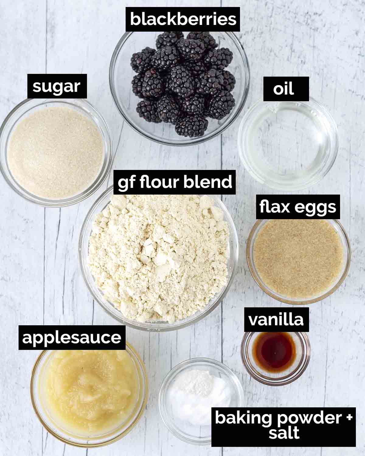 An overhead shot showing the ingredients needed to make vegan gluten-free blackberry muffins.