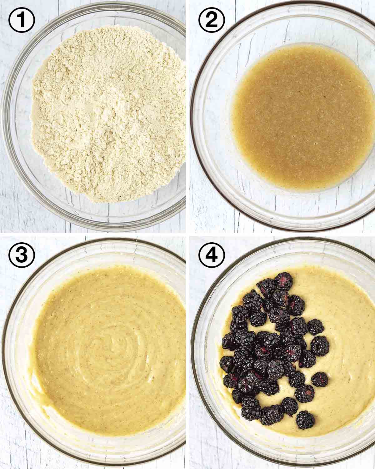 A collage of four images showing the first sequence of steps needed to make vegan blackberry muffins.
