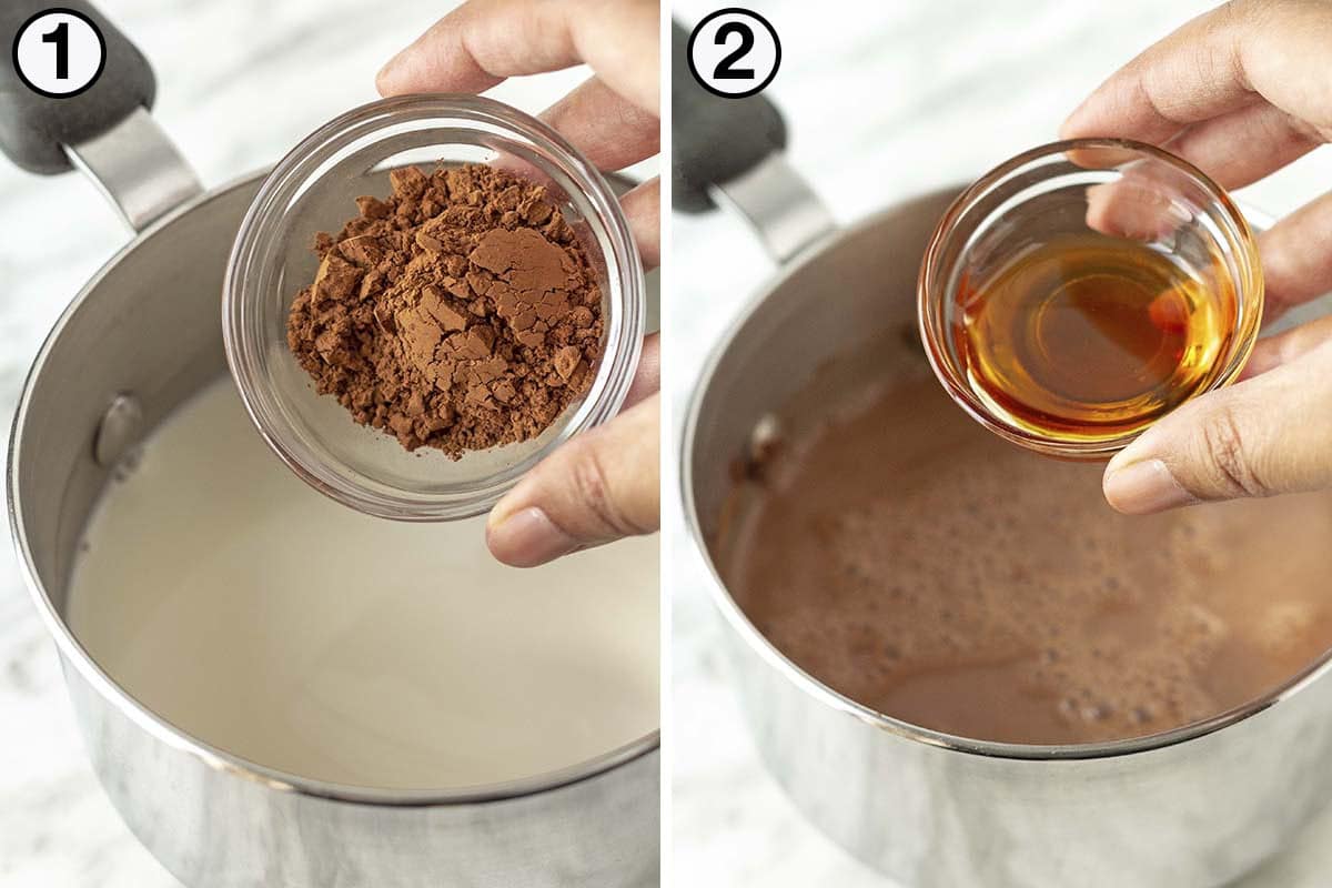 A collage of two images showing the first sequence of steps needed to make hot chocolate with oat milk.