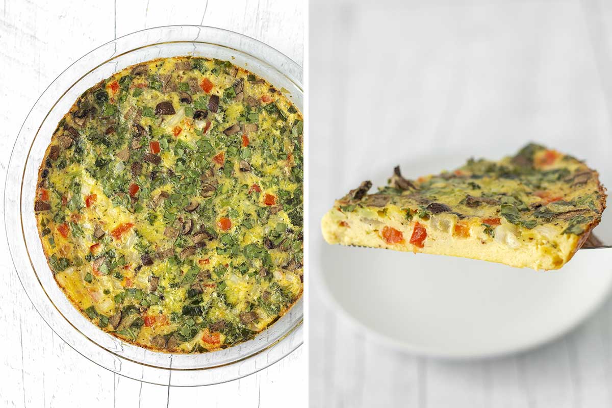 A collage of two images showing the steps needed to make a no crust vegan just egg frittata.