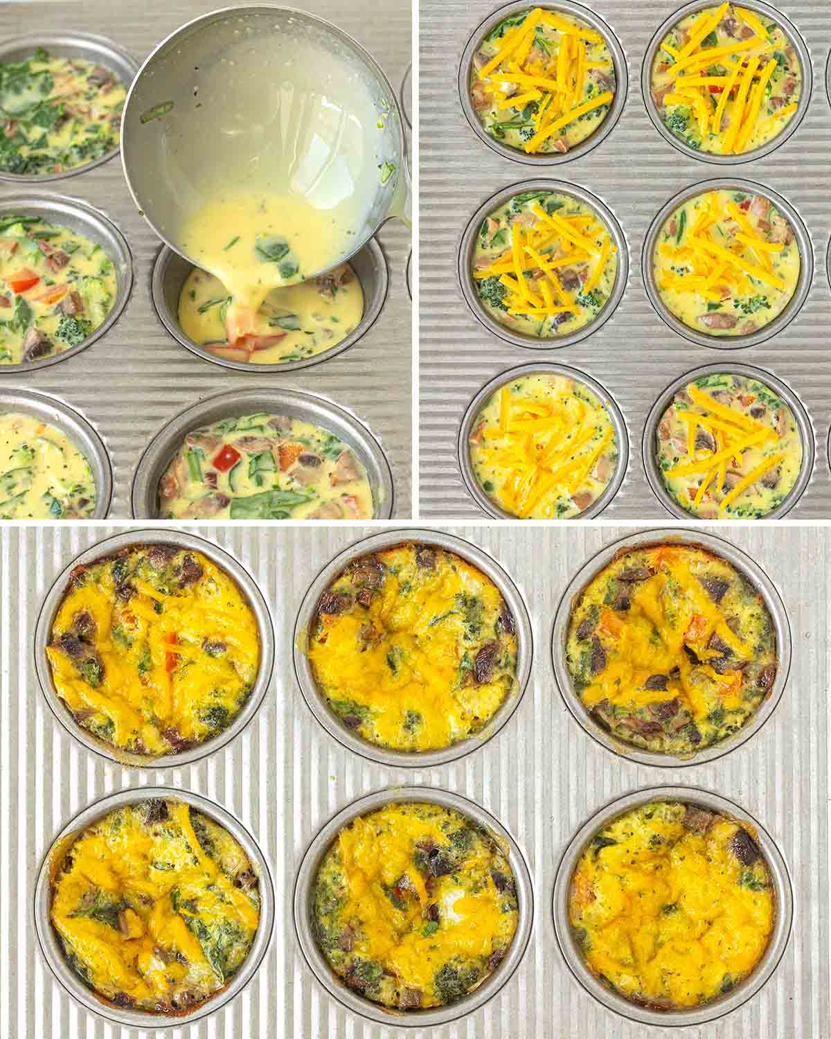 A collage of three images showing the steps needed to make vegan just egg mini quiches.
