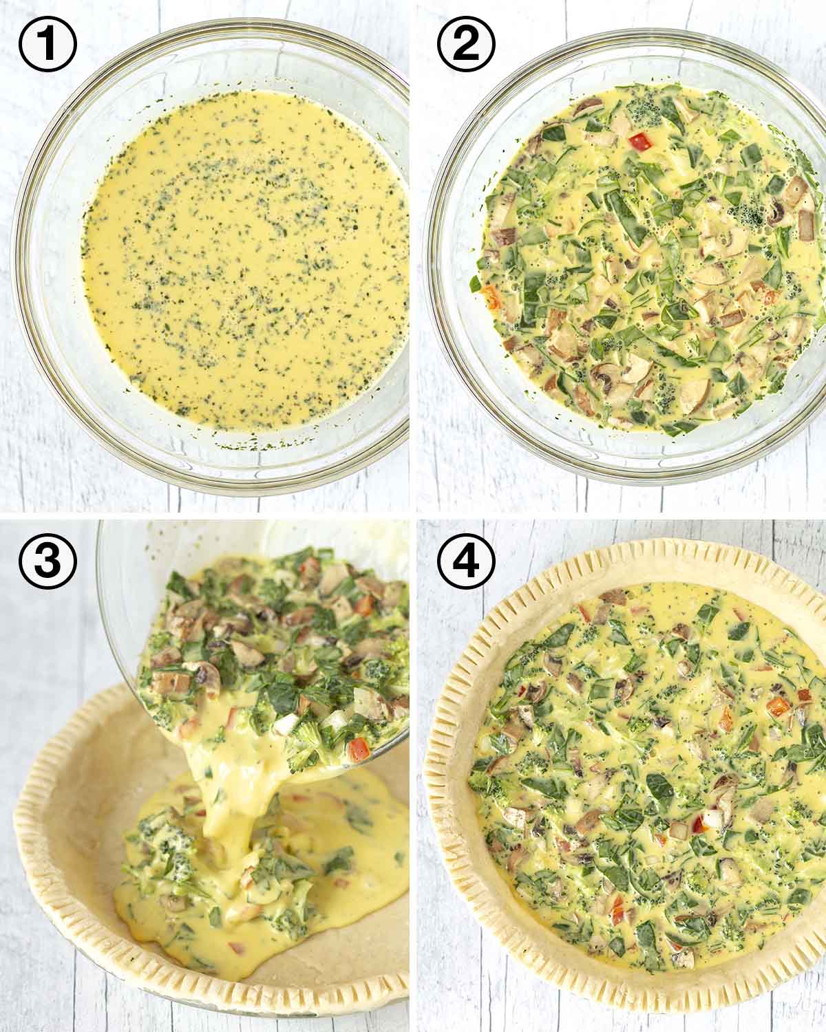 A collage of four images showing the first sequence of steps needed to make a quiche made with just egg.
