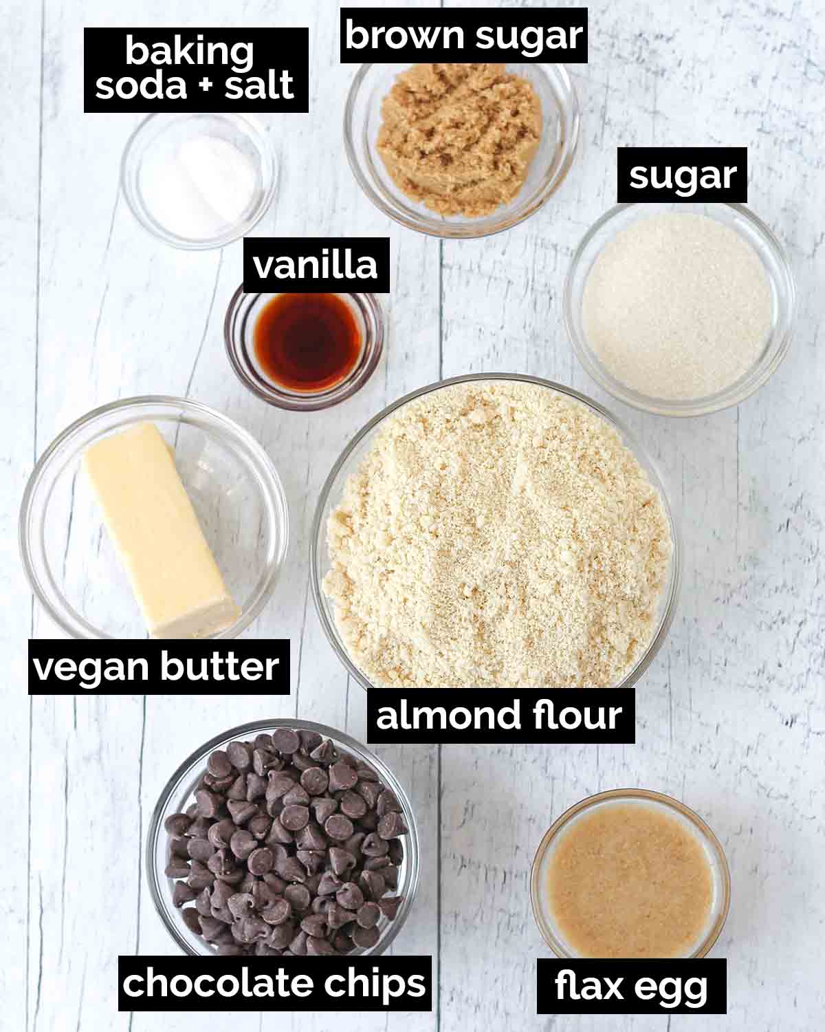 An overhead shot showing the ingredients needed to make vegan almond flour cookies.