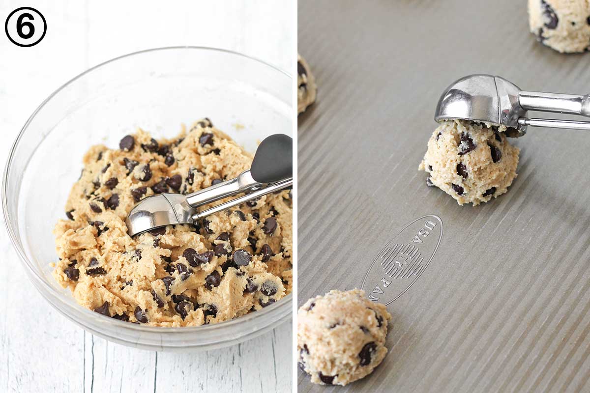 A collage of two images showing the final steps needed to make eggless almond flour cookies.