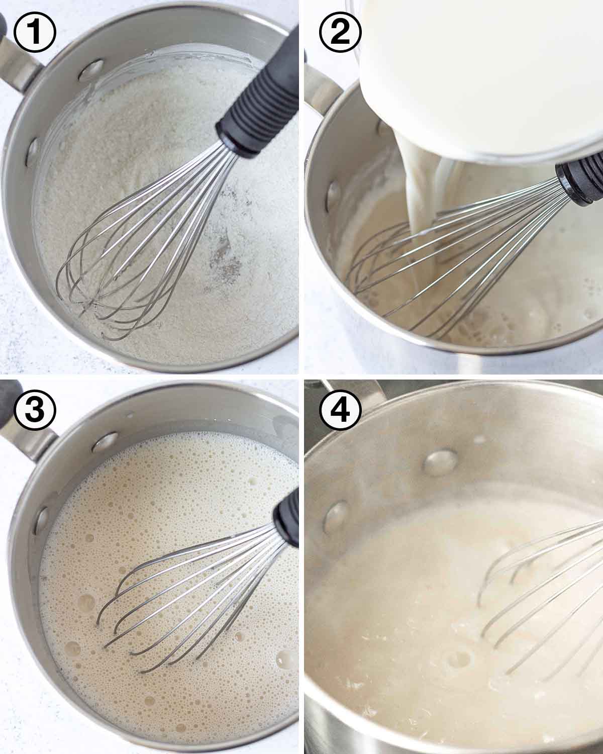 A collage of four images showing the first sequence of steps needed to make vegan vanilla pudding.