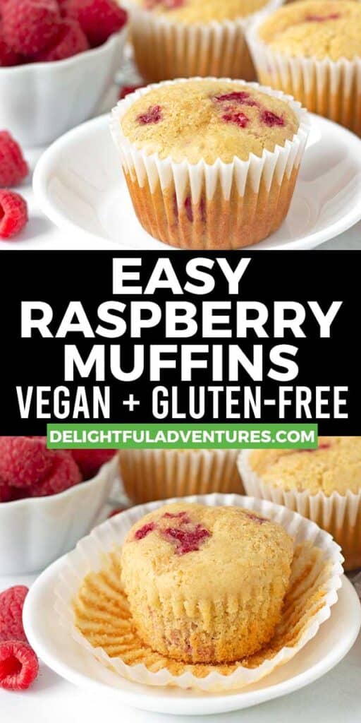 Pinterest pin showing two images of vegan gluten-free raspberry muffins, this image is to be used to pin this recipe to Pinterest.