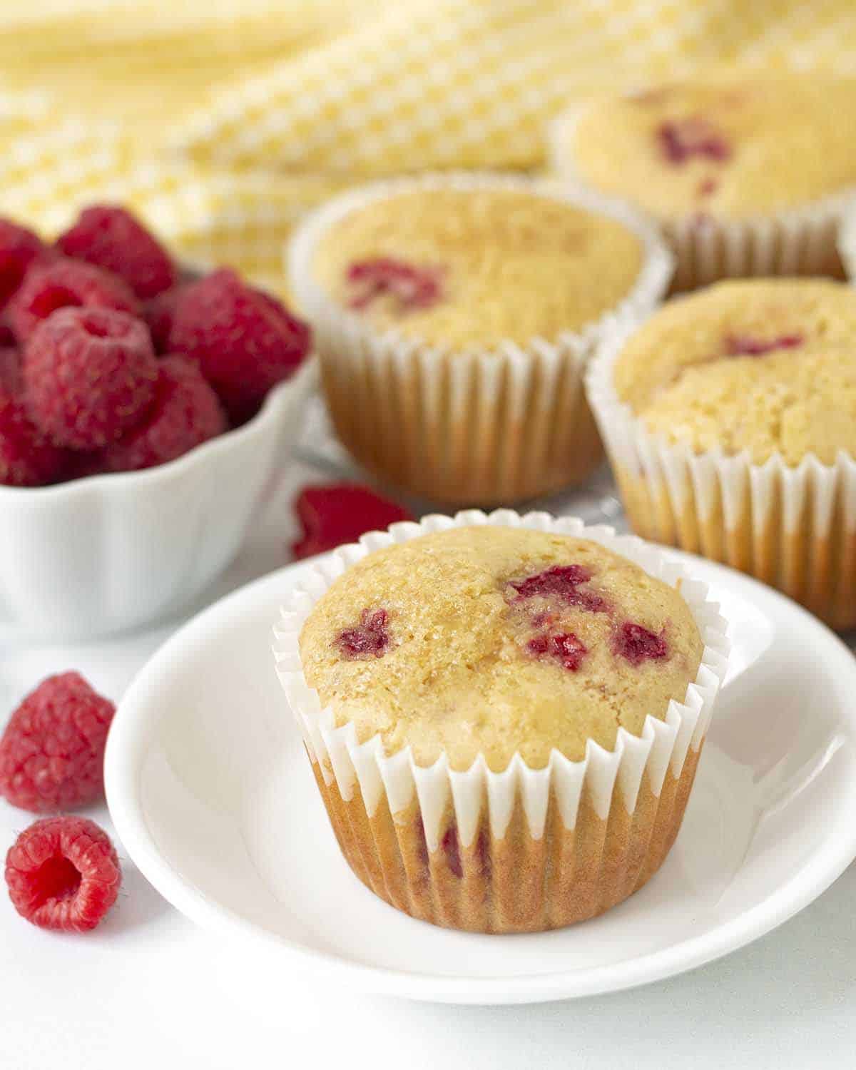A gluten-free raspberry muffin on a small white plate.