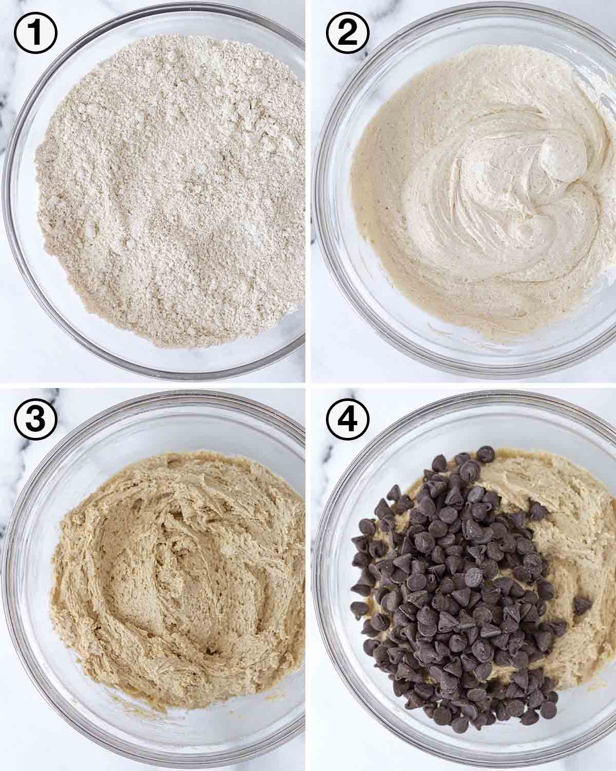 A collage of four images showing the first sequence of steps needed to make oat flour chocolate chip cookies.