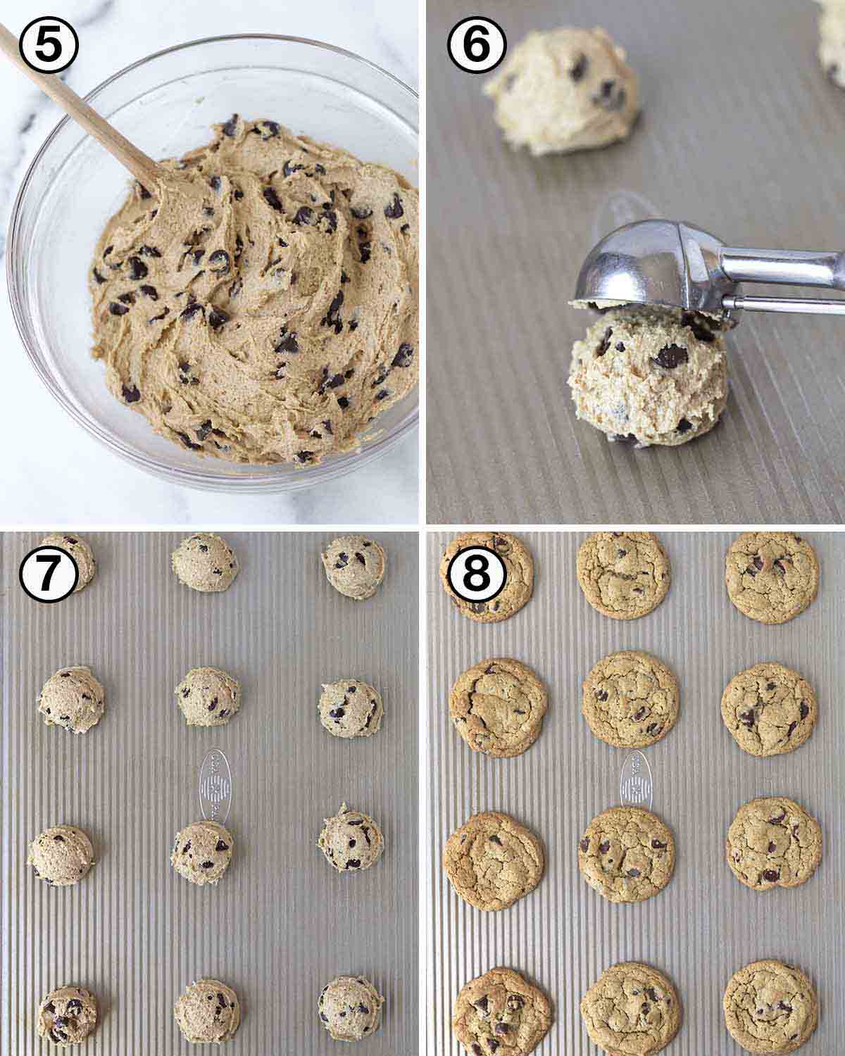 A collage of two images showing the final steps needed to make oat flour chocolate chip cookies.