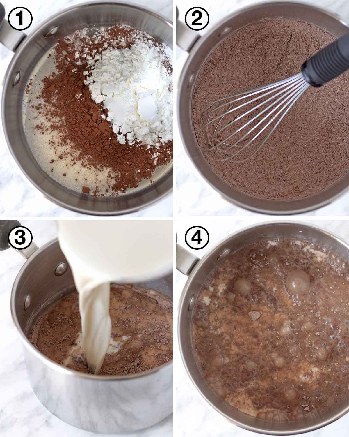 A collage of four images showing the first sequence of steps needed to make vegan chocolate pudding.
