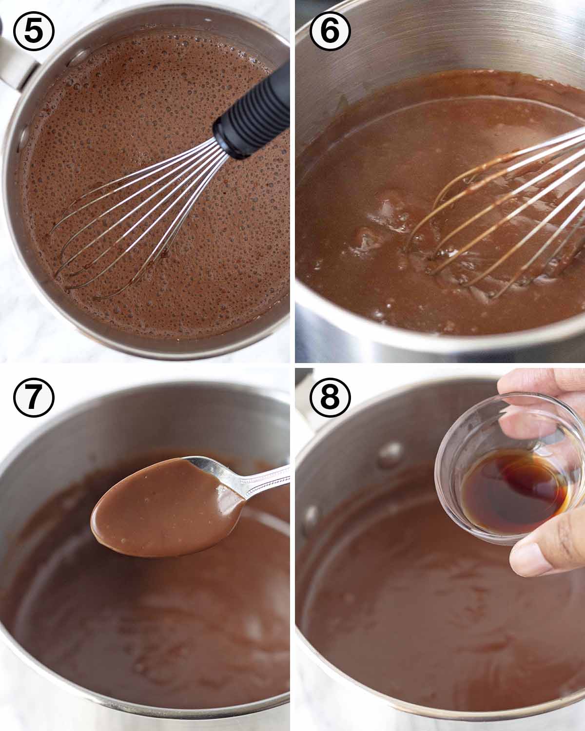 A collage of four images showing the second set of steps needed to make vegan chocolate pudding.