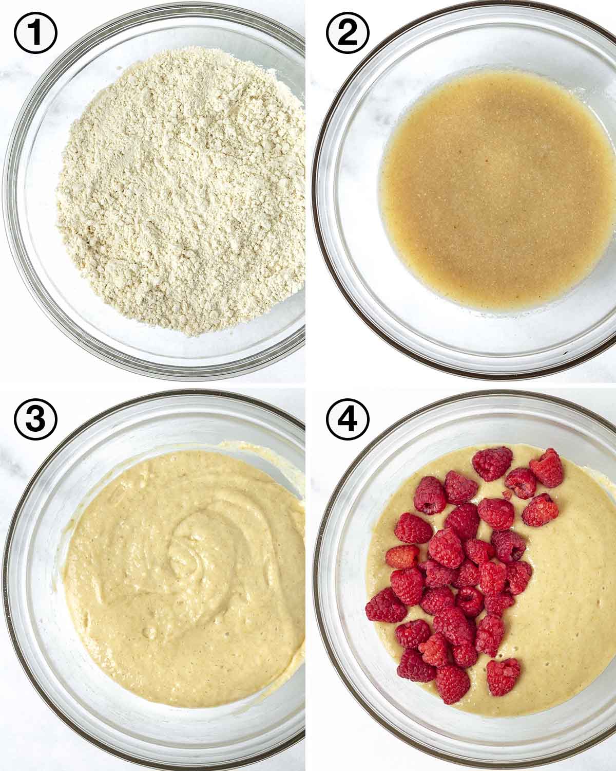 A collage of four images showing the first sequence of steps needed to make vegan gluten-free raspberry muffins.