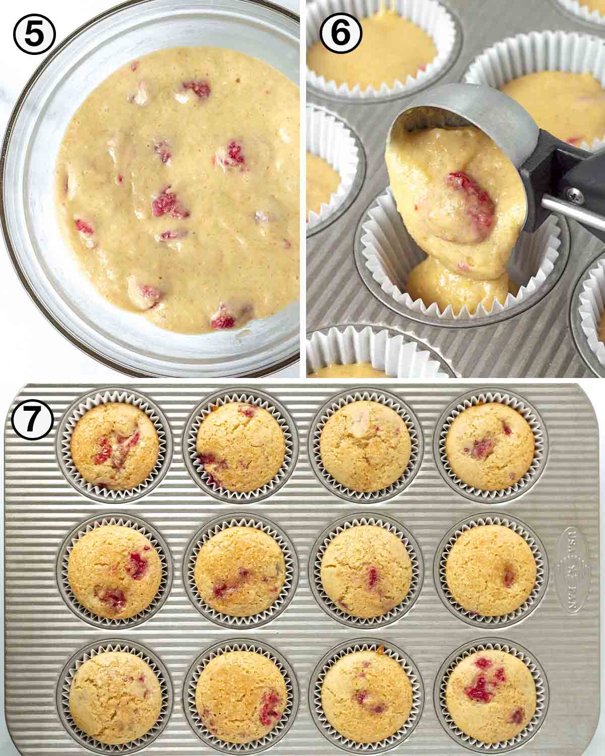 A collage of three images showing the final steps needed to make vegan gluten-free raspberry muffins.