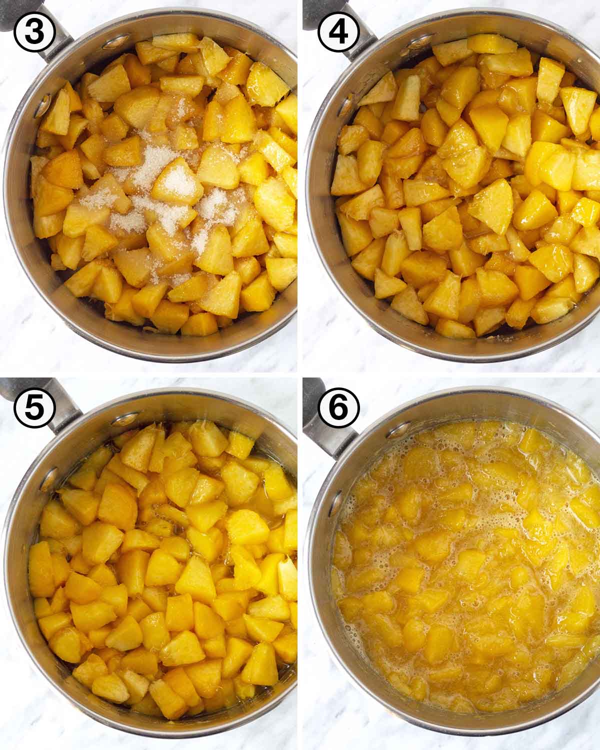 A collage of four images showing the second set of steps needed to make peach sauce.