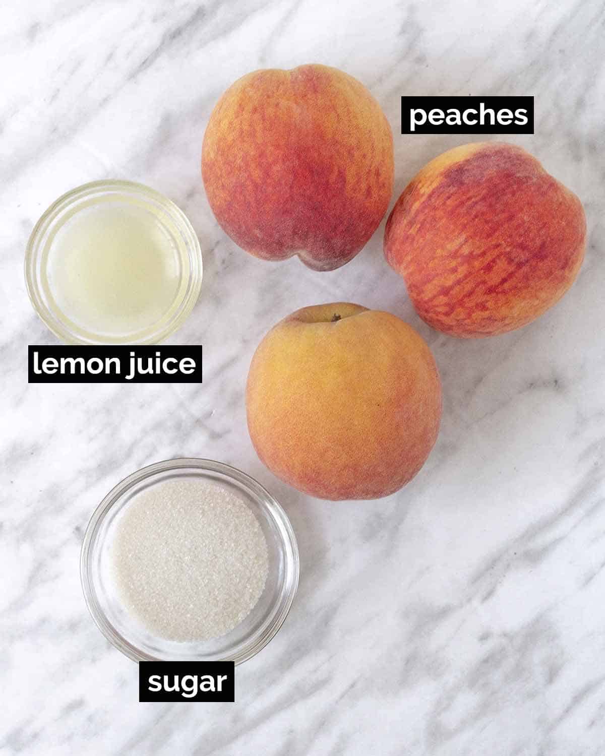 An overhead shot showing the ingredients needed to make peach sauce.