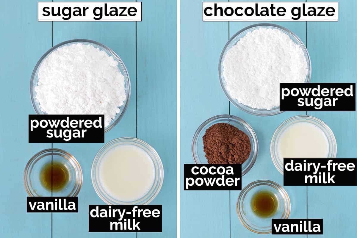 Two side-by-side images that show the ingredients needed to make a chocolate donut glaze and a sugar donut glaze.