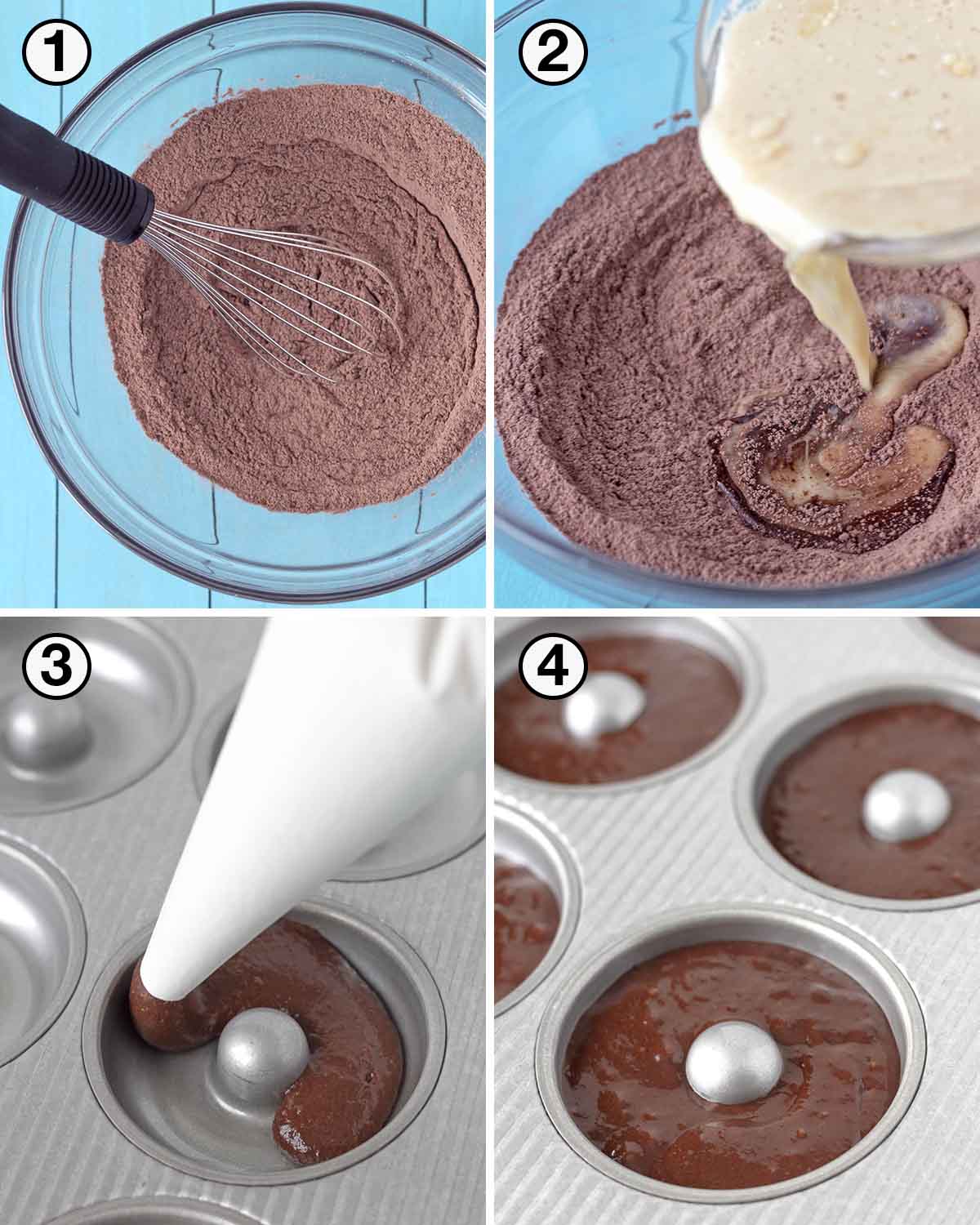 A collage of four images showing the first sequence of steps needed to make vegan gluten-free chocolate doughnuts.