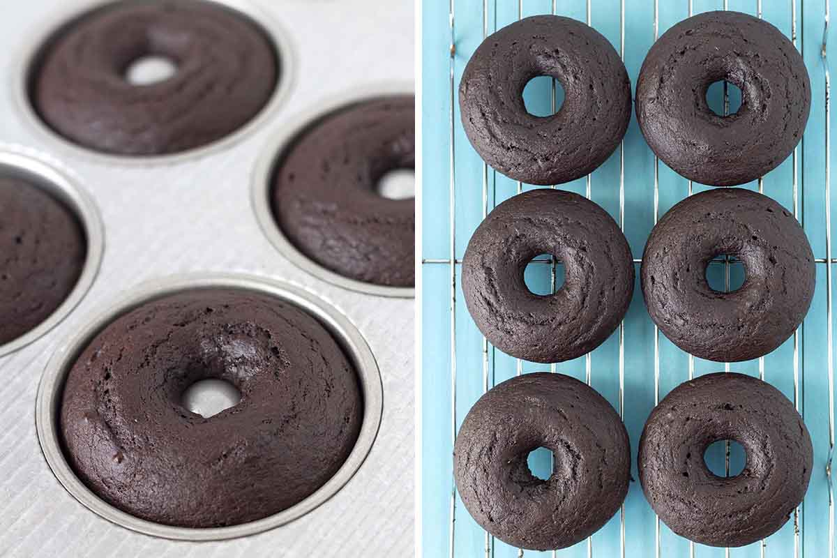 Two side-by-side images showing baked vegan chocolate doughnuts in their baking pan and on a cooling rack.