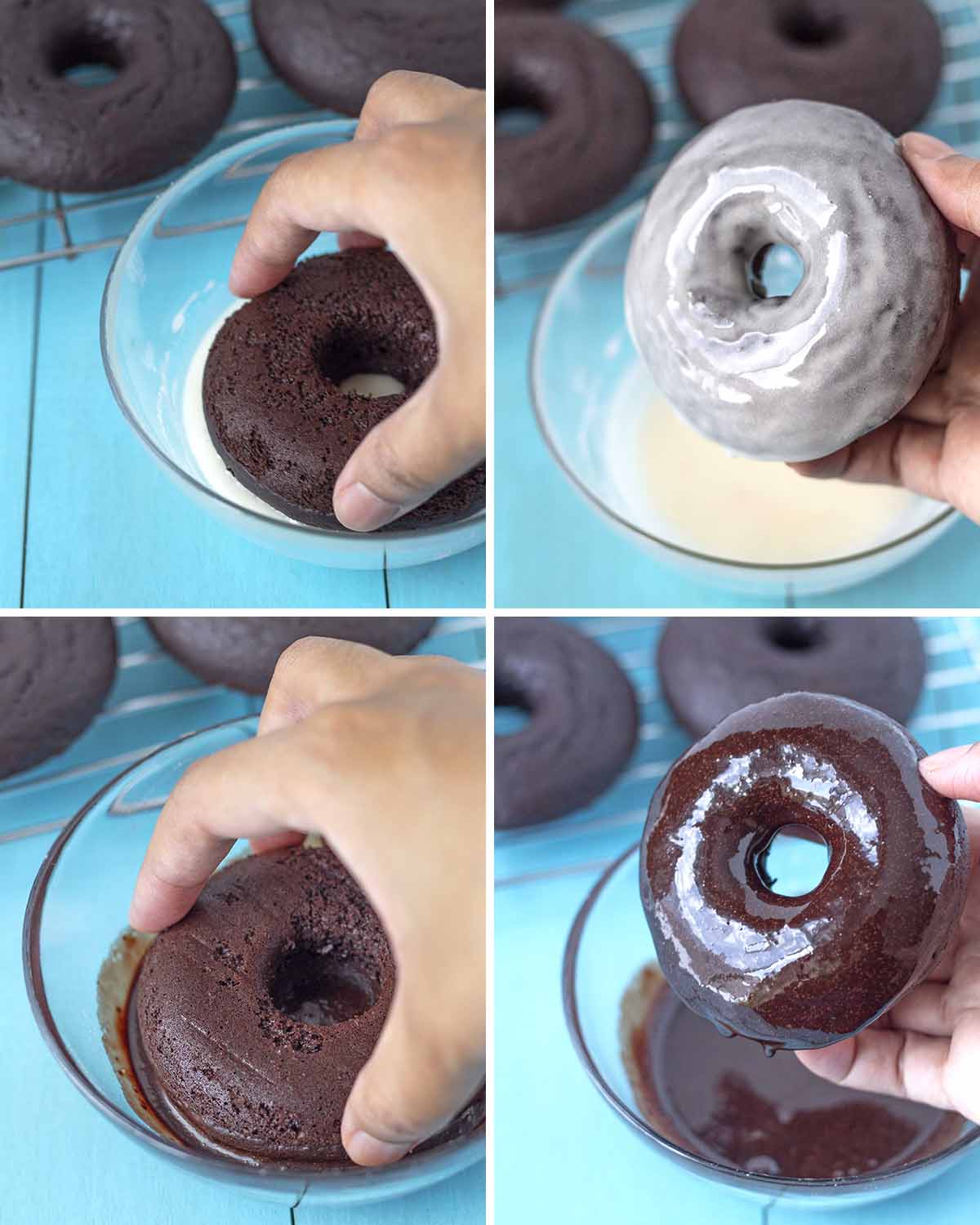 A collage of four images showing vegan chocolate doughnuts being dipped into two different glazes: chocolate and sugar.