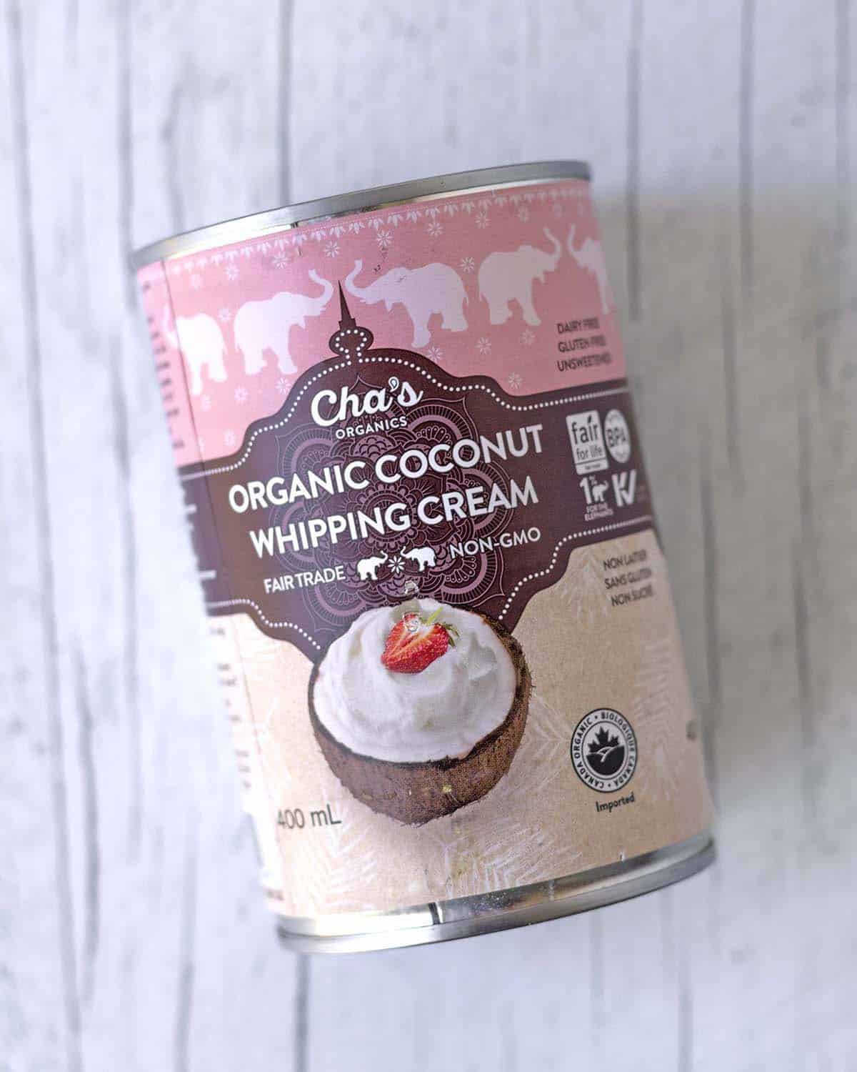 An overhead shot showing a can of Cha’s brand organic coconut whipping cream.