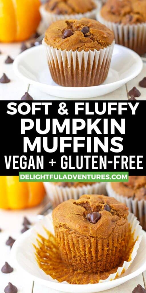 Pinterest pin showing two images of vegan gluten-free pumpkin muffins, this image is for pinning this recipe to Pinterest.