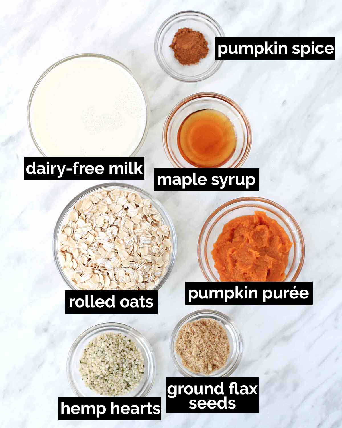 An overhead shot showing the ingredients needed to make pumpkin spice overnight oats.