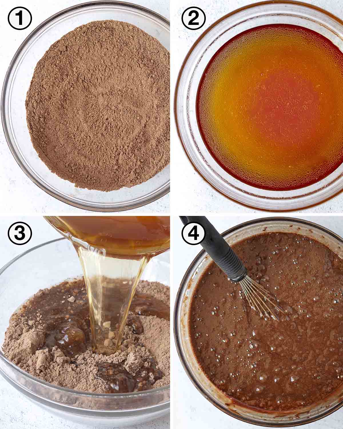 A collage of four images showing the sequence of steps needed to make vegan gluten-free chocolate cake batter.