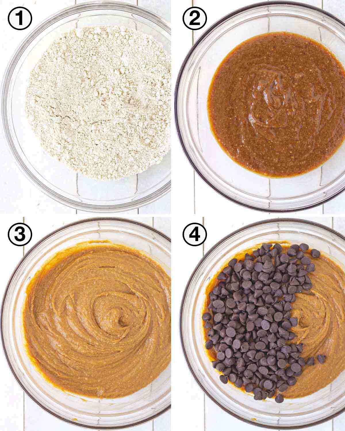 A collage of four images showing the first sequence of steps needed to make vegan gluten-free pumpkin muffins.