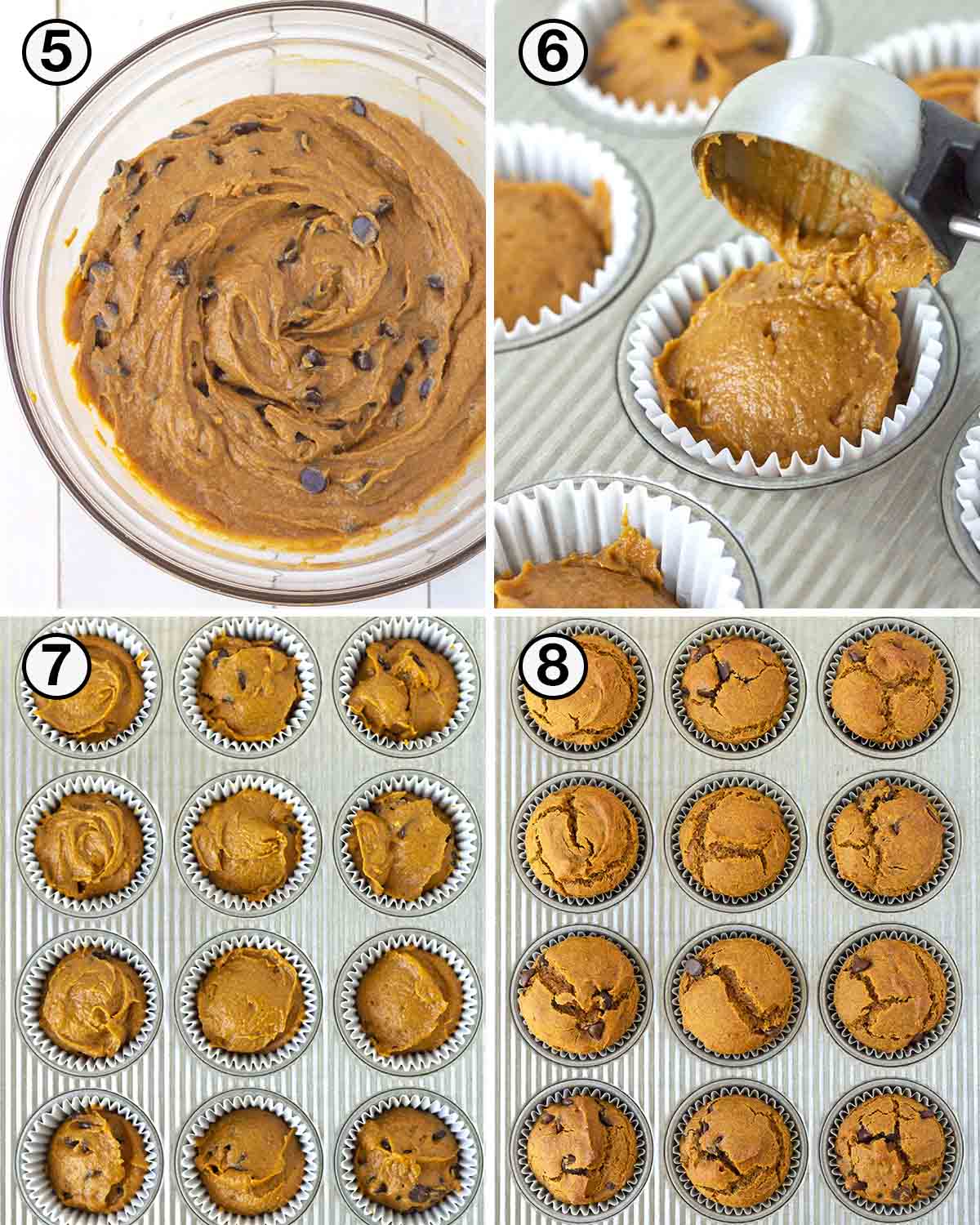 A collage of four images showing the second sequence of steps needed to make vegan gluten-free pumpkin muffins.
