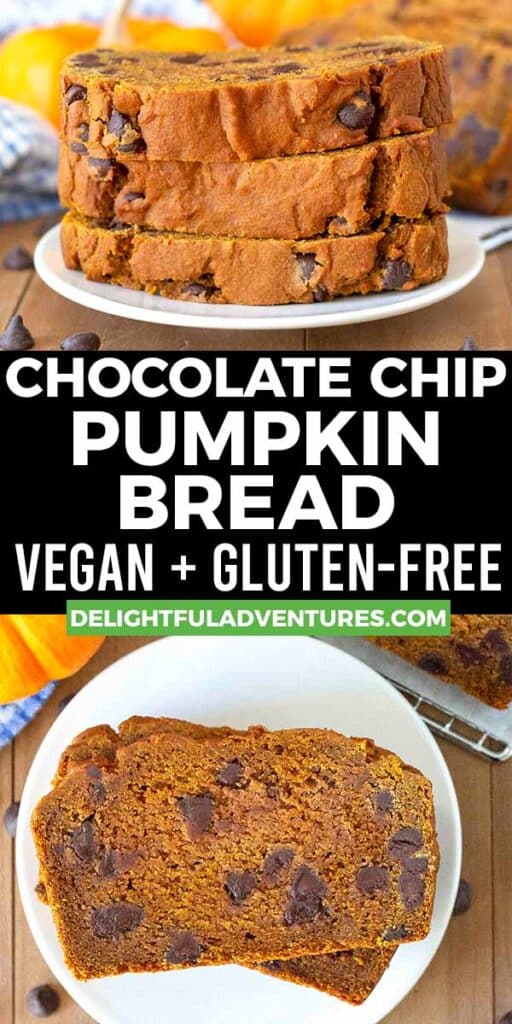 Pinterest pin showing two images of vegan gluten-free pumpkin bread, this image is for pinning this recipe to Pinterest.