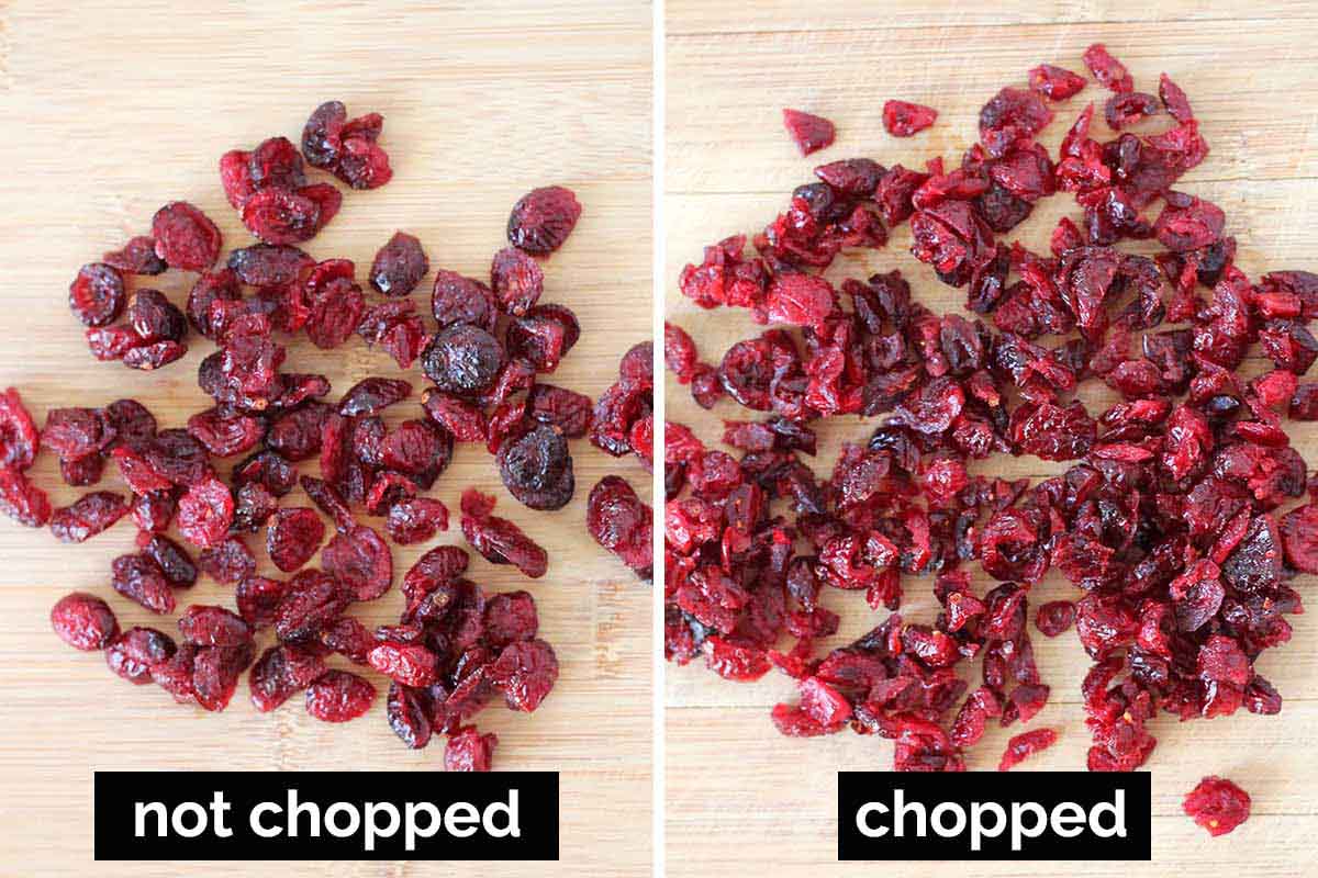 Two side by side images showing whole pieces of dried cranberries in one and in the other picture, chopped dried cranberries.