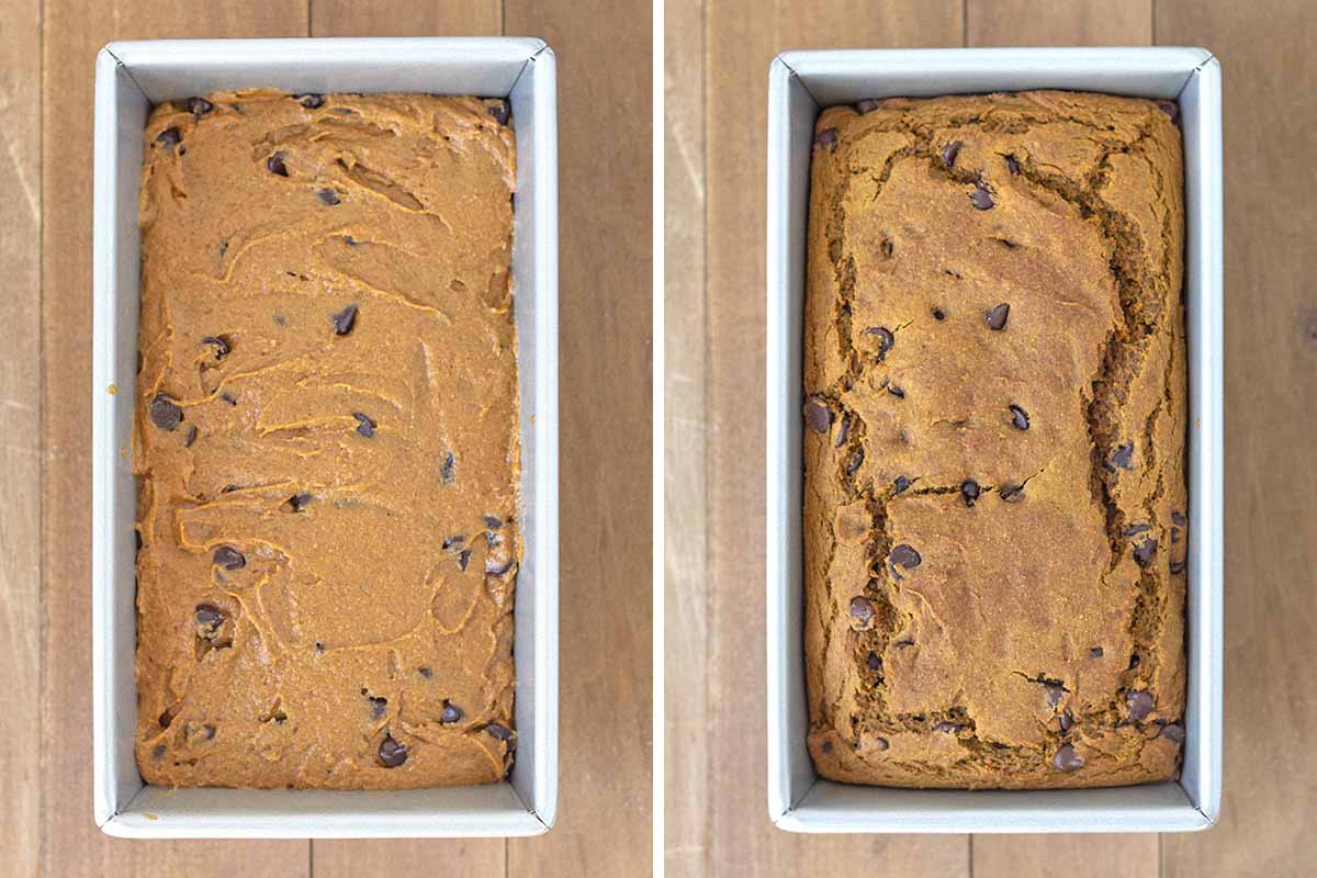 A collage of two images showing the second sequence of steps needed to make vegan gluten-free pumpkin bread.