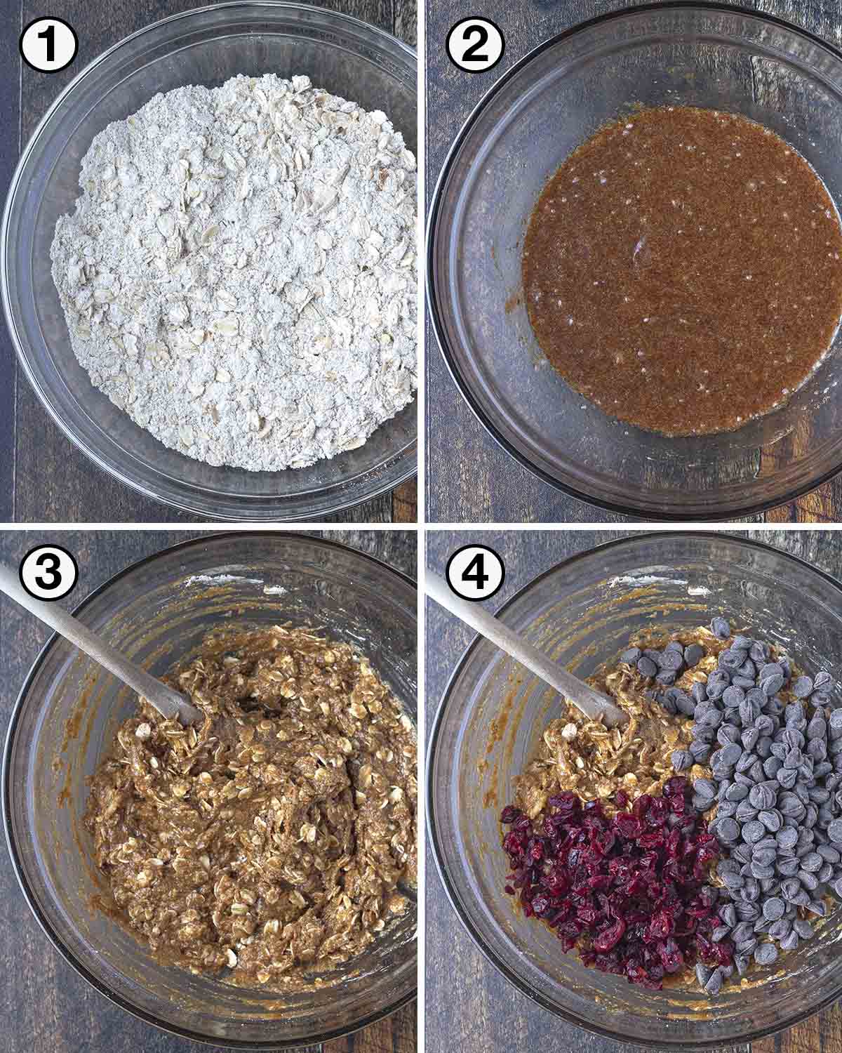 A collage of four images showing the first sequence of steps needed to make vegan oatmeal cranberry cookies.