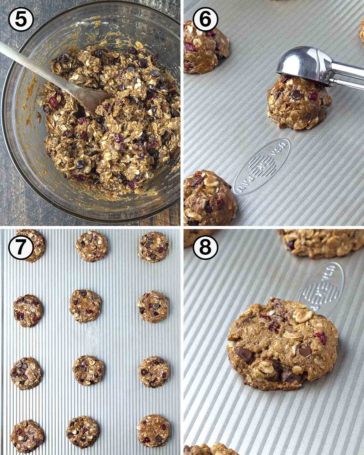 A collage of four images showing the second sequence of steps needed to make vegan gluten-free oatmeal cranberry cookies.
