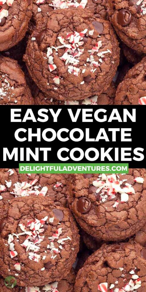 Pinterest pin showing two images of a vegan chocolate peppermint cookies, this image is for pinning this recipe to Pinterest.