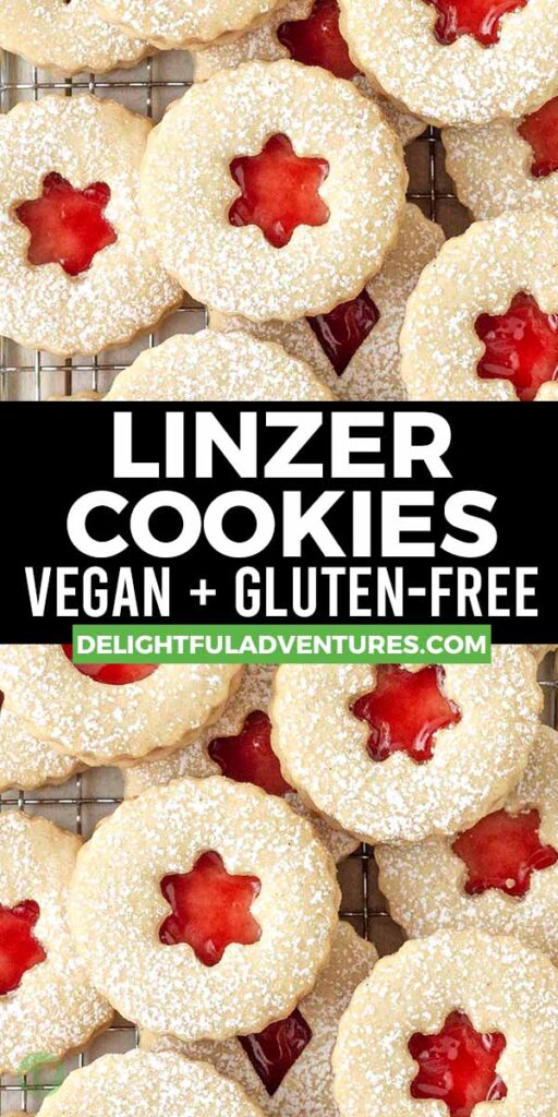 Pinterest pin showing two images of vegan gluten-free Linzer cookies, this image is for pinning this recipe to Pinterest.