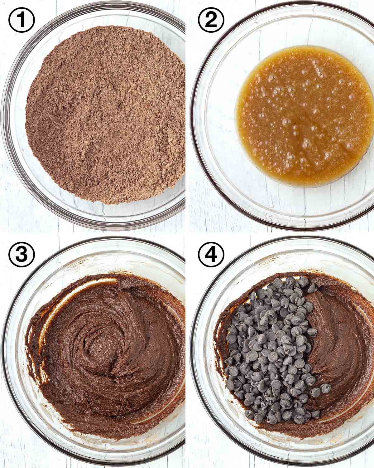 A collage of four images showing the first sequence of steps needed to make double chocolate peppermint cookies.