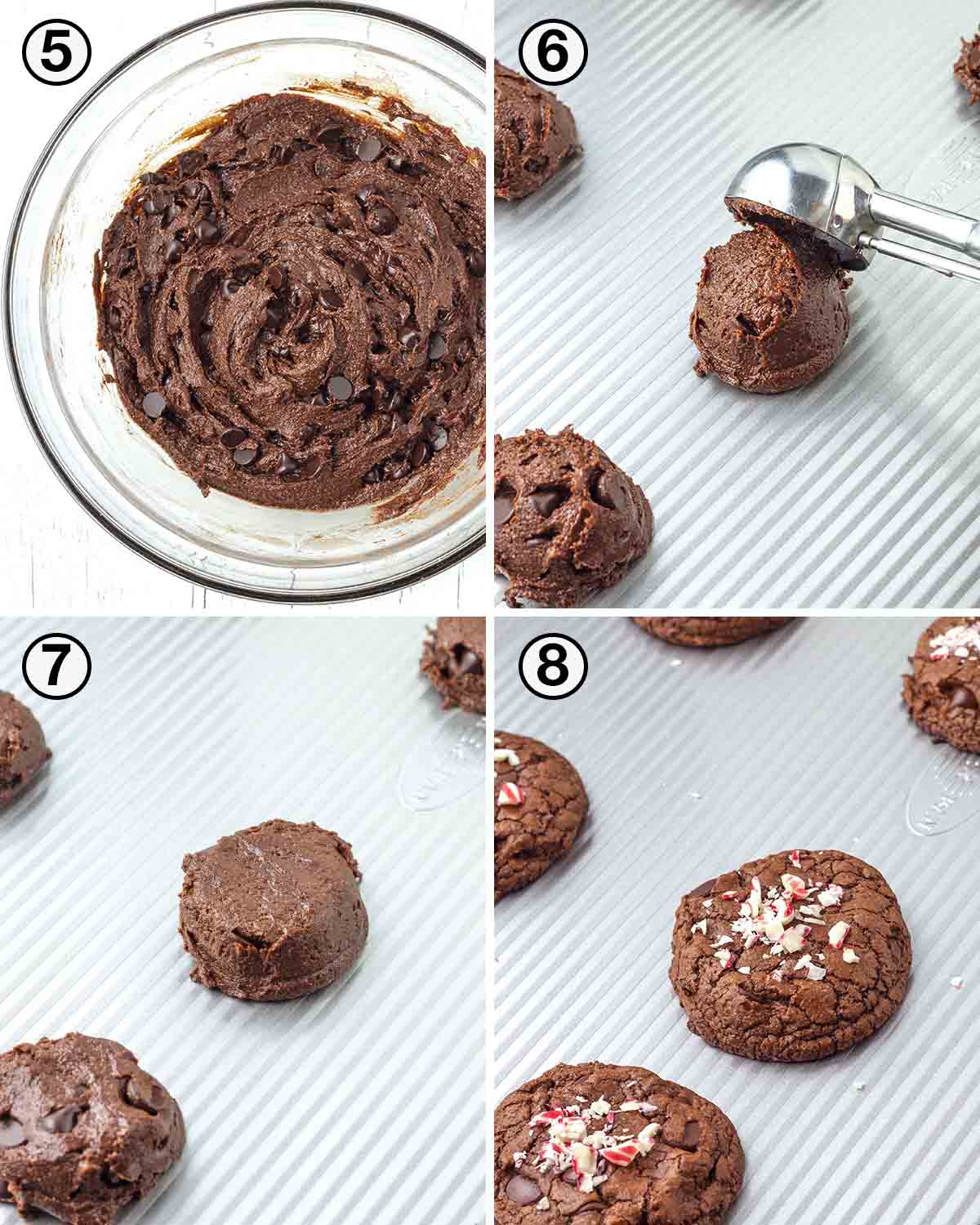 A collage of four images showing the second sequence of steps needed to make double chocolate peppermint cookies.