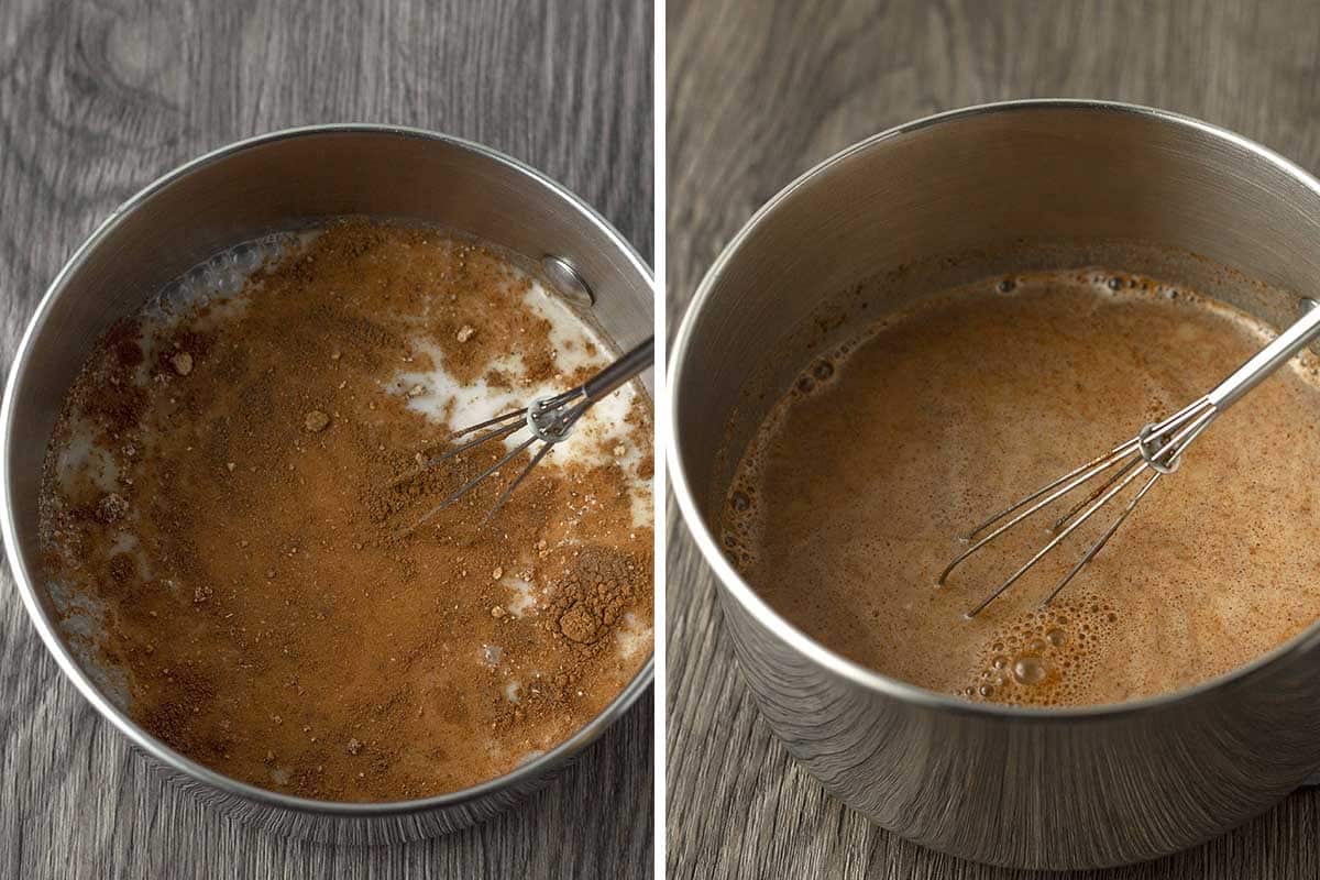 Two side-by-side images showing the first two steps to make vegan gingerbread latte. (Add ingredients to pot and stir.)