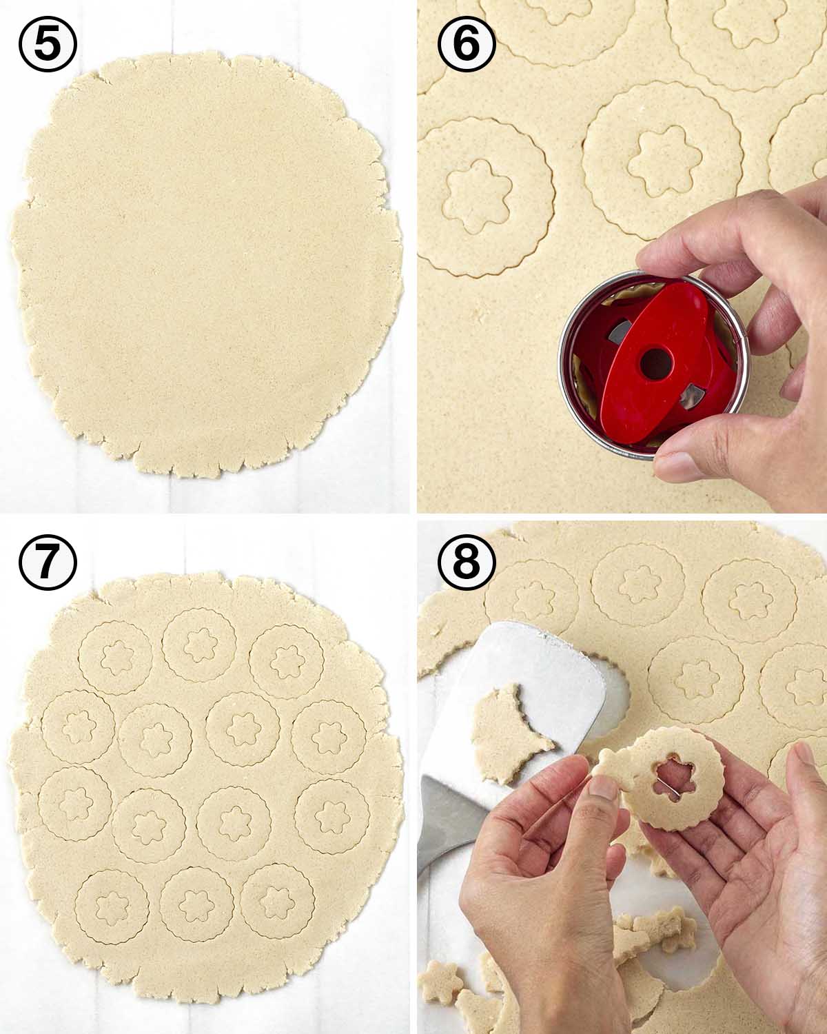 A collage of four images showing the second sequence of steps needed to make vegan gluten-free Linzer cookies.