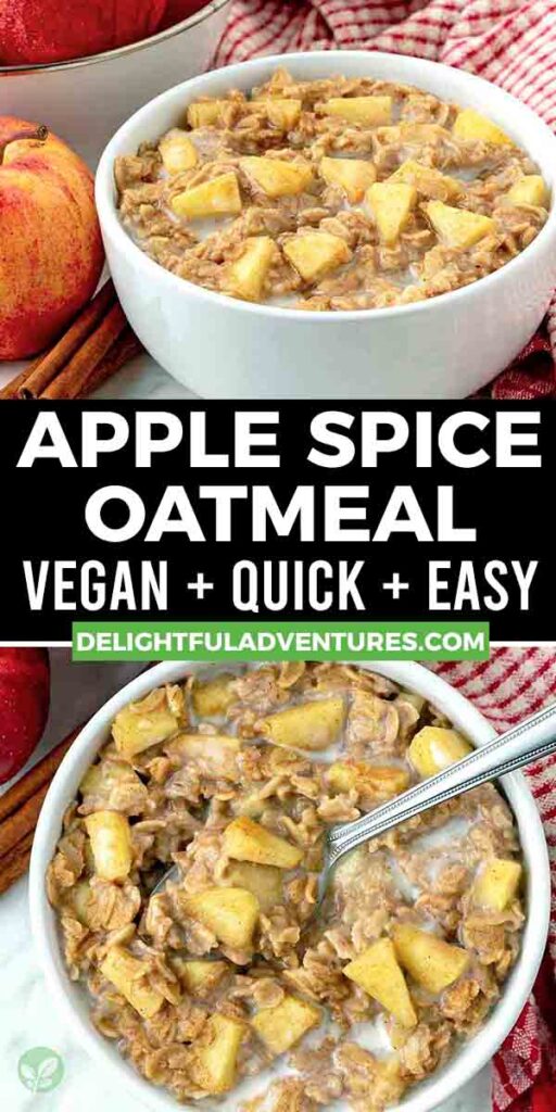 Pinterest pin showing two images of vegan apple cinnamon oatmeal, this image is for pinning this recipe to Pinterest.