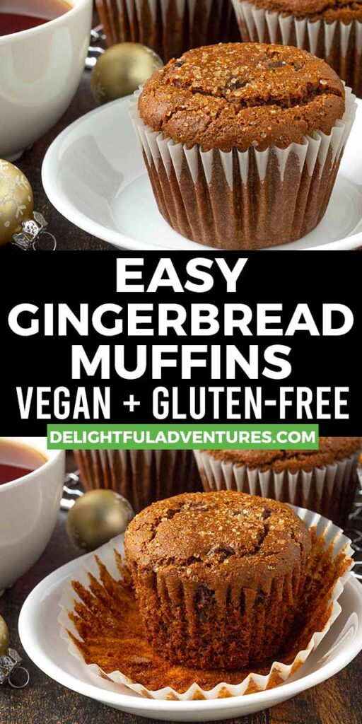 Pinterest pin showing two images of vegan gluten-free gingerbread muffins, this image is to pin this recipe to Pinterest.