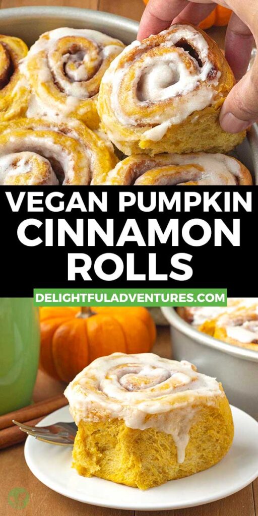 Pinterest pin with two images of vegan pumpkin cinnamon rolls, this image is for pinning this recipe to Pinterest.