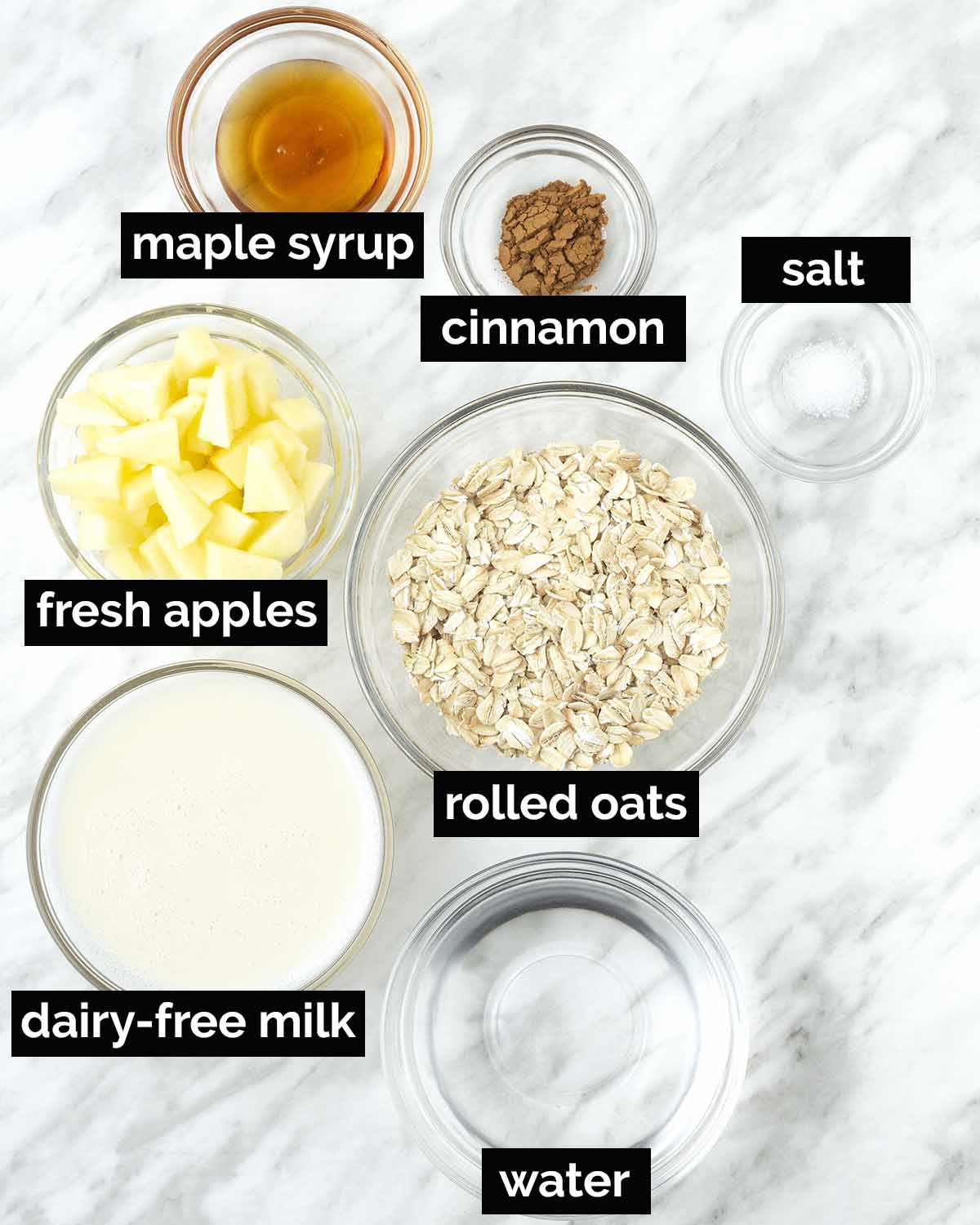 An overhead shot showing the ingredients needed to make dairy-free apple cinnamon oatmeal.