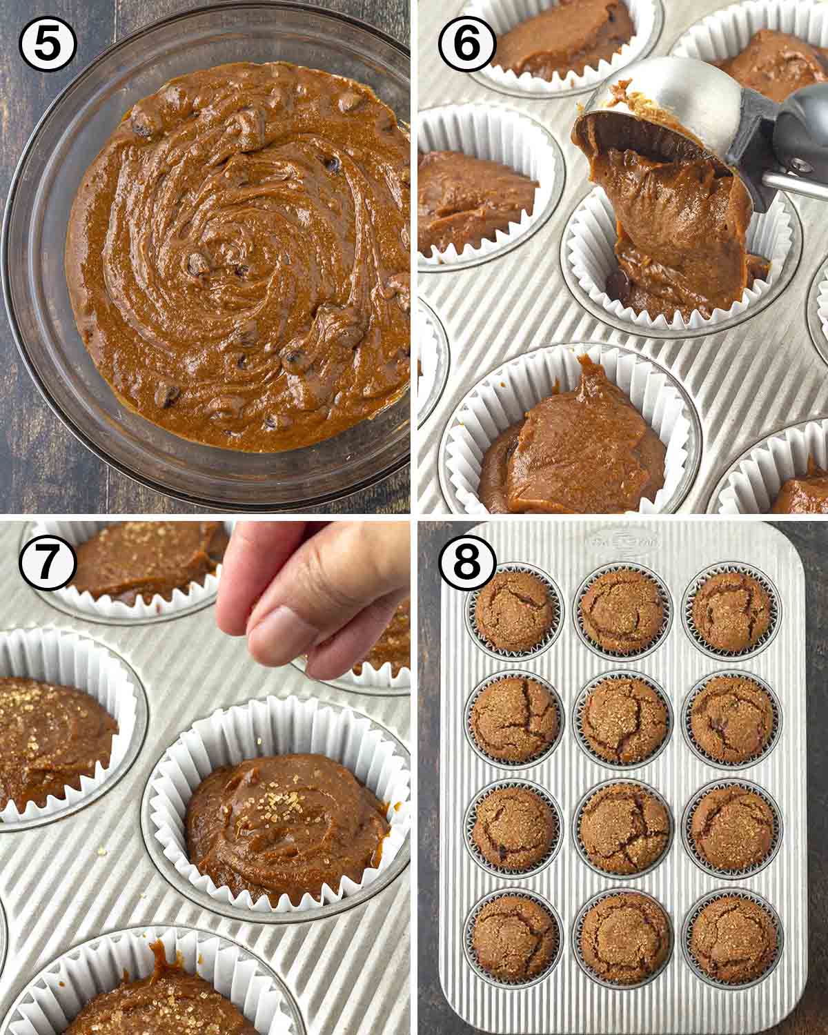 A collage of four images showing the second sequence of steps needed to make vegan gingerbread muffins.