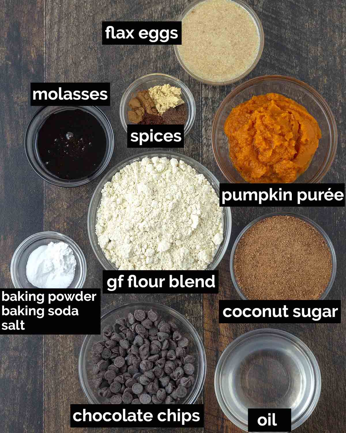 An overhead shot showing the ingredients needed to make vegan gluten-free gingerbread muffins.