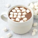 A close up shot of vegan hot chocolate with mini marshmallows in a mug.